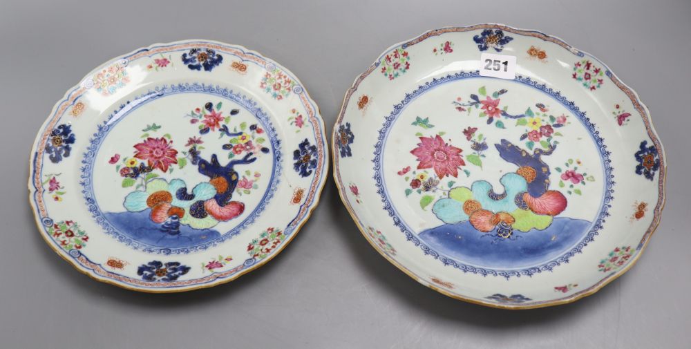 Two Chinese famille rose tobacco leaf plates, 18th century